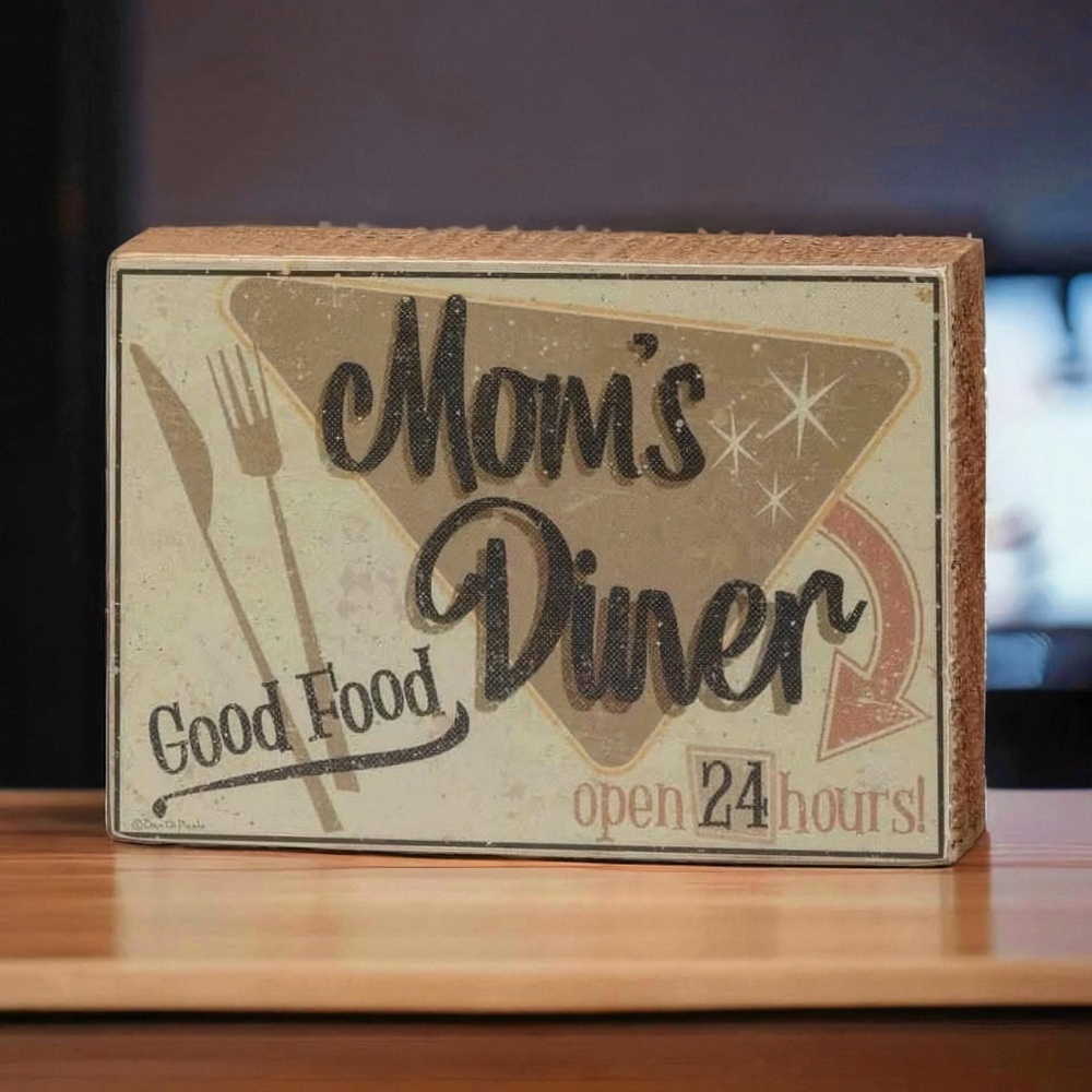 Mom’s Diner Wood Block Décor Sign Boho Vintage Café Kitchen